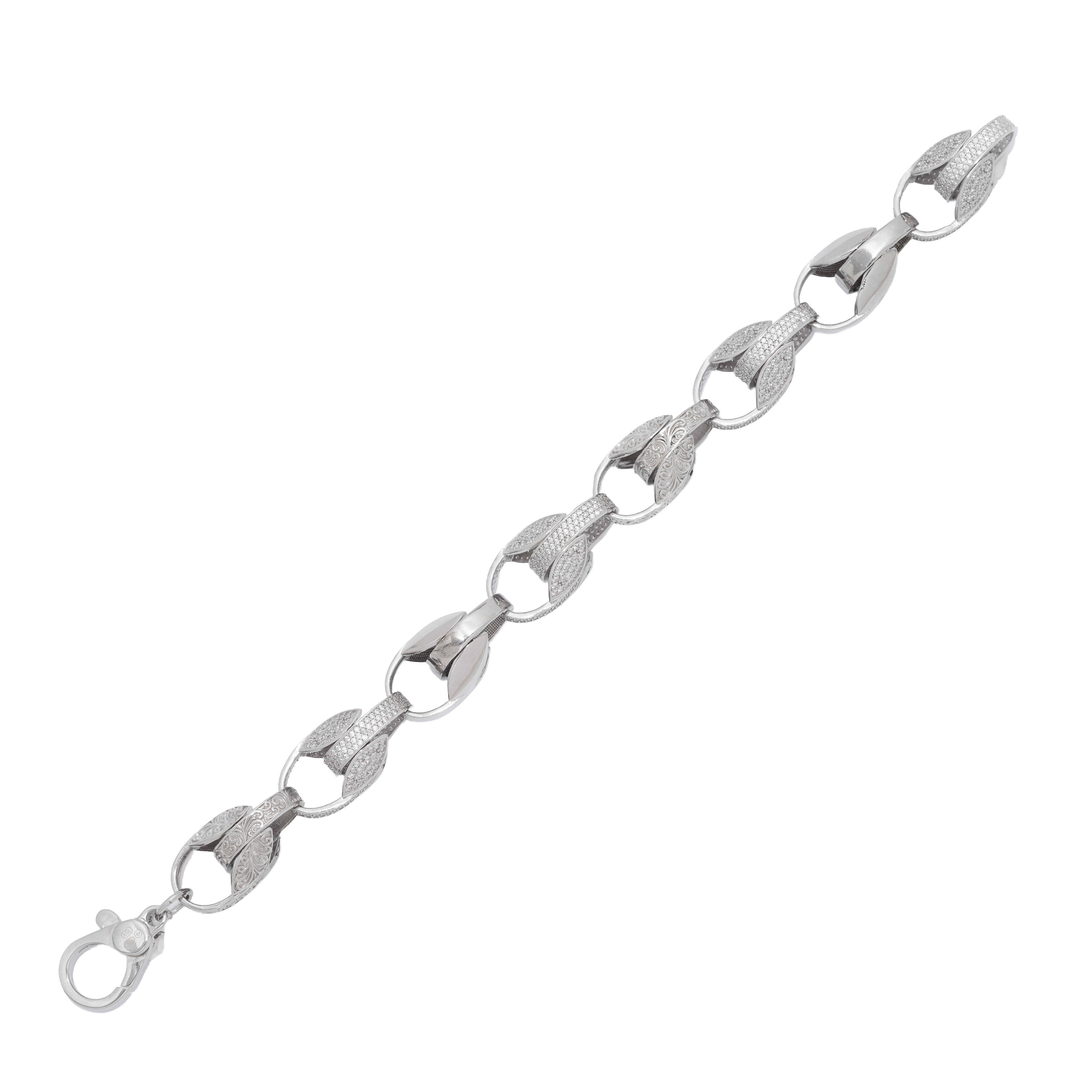 925 Sterling Silver Patterned Tulip Link Bracelet, Lobster Clasp With CZ Stone