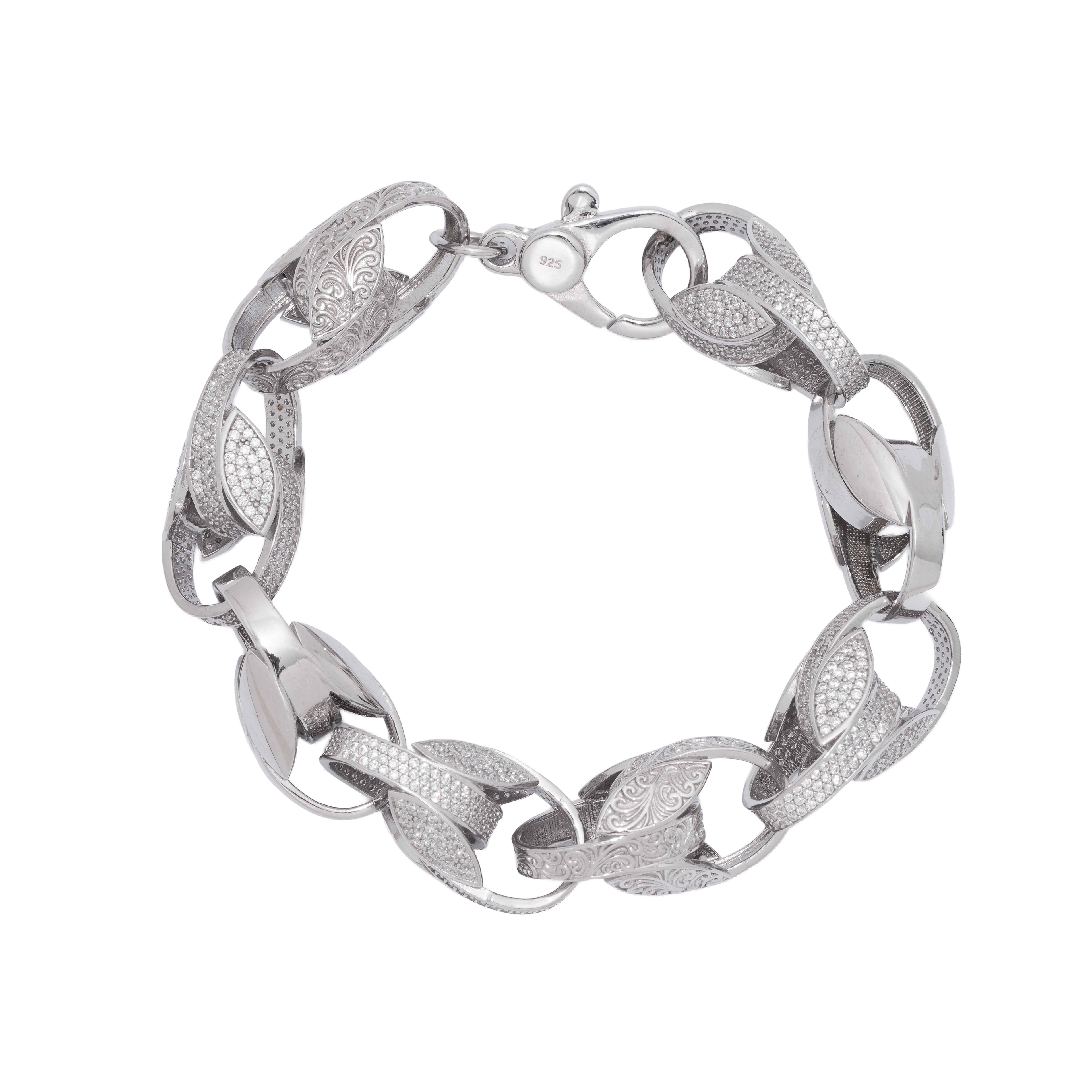925 Sterling Silver Patterned Tulip Link Bracelet, Lobster Clasp With CZ Stone