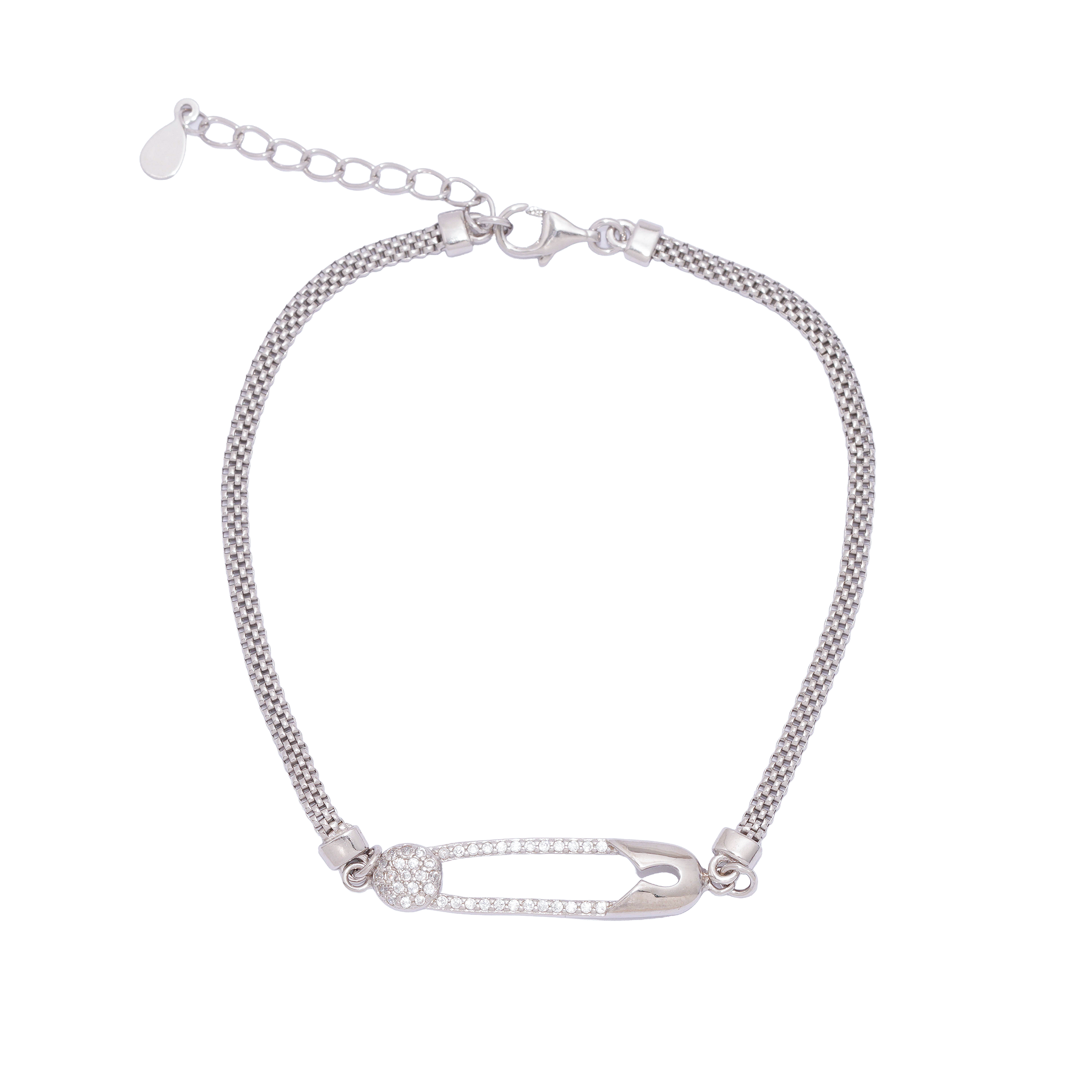 925 Sterling Silver Safety Pin Bracelet With CZ Accents