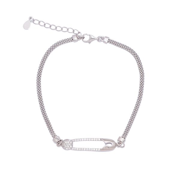 925 Sterling Silver Safety Pin Bracelet With CZ Accents
