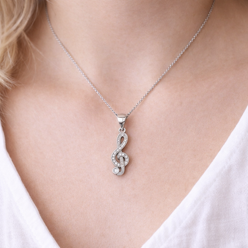 925 Sterling Silver Treble Clef Pendant with CZ Stones