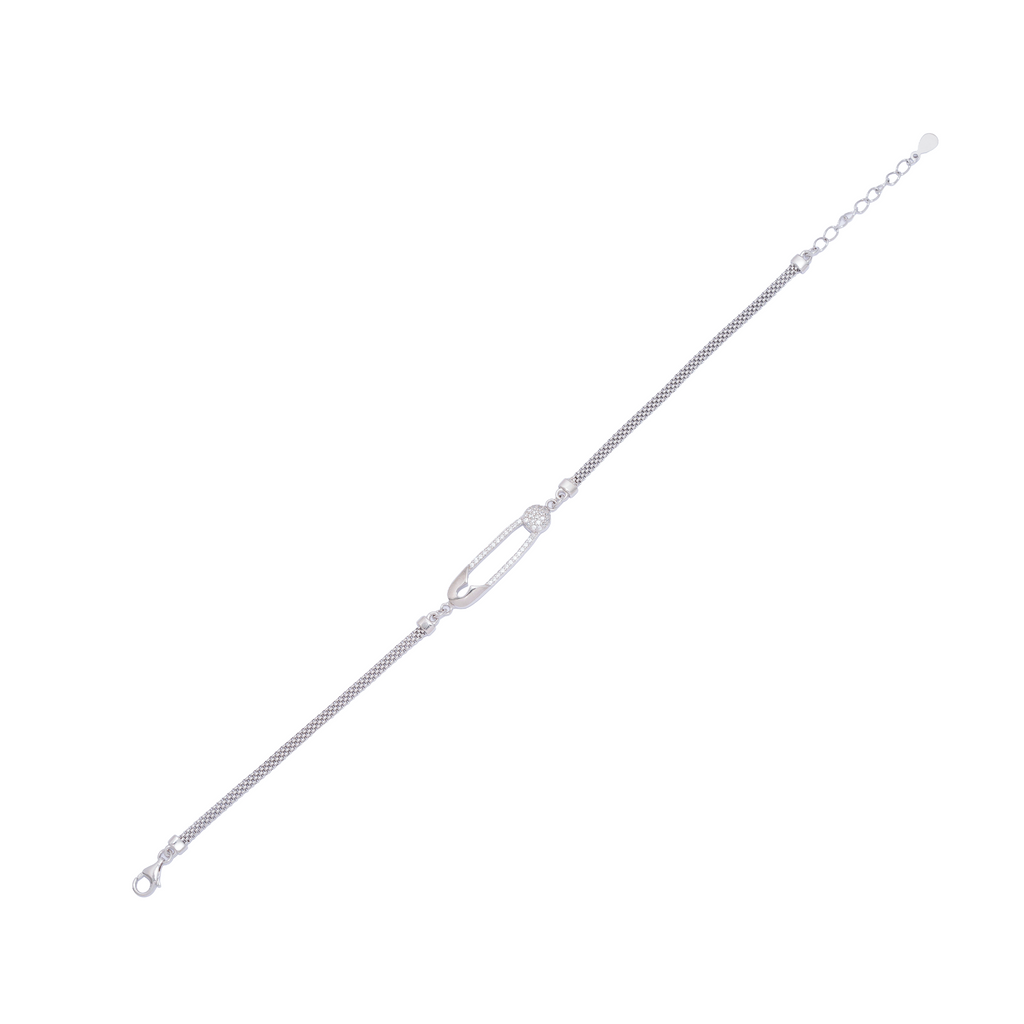 925 Sterling Silver Safety Pin Bracelet With CZ Accents