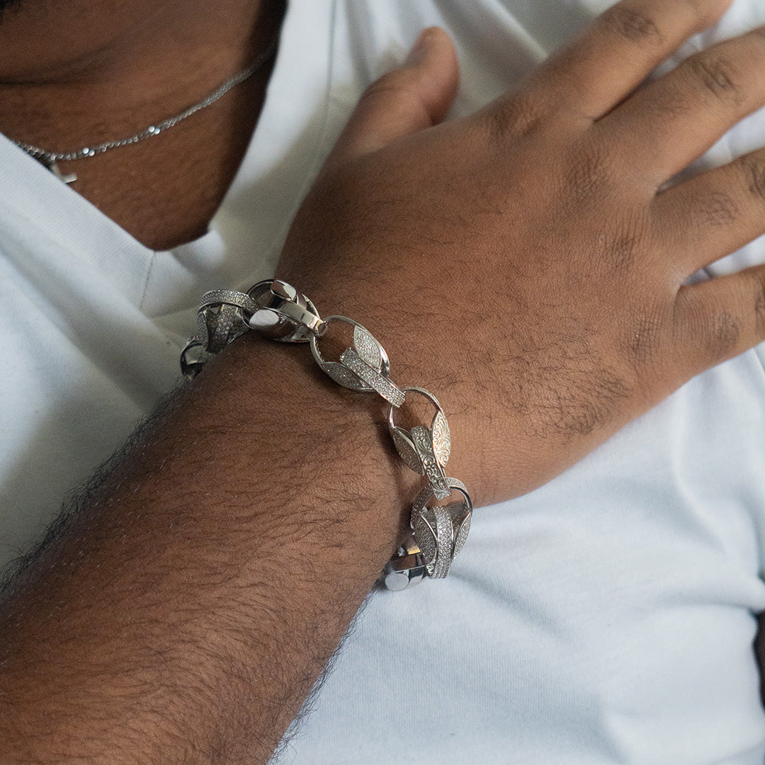 925 Sterling Silver Patterned Tulip Link Bracelet, Lobster Clasp With CZ Stone