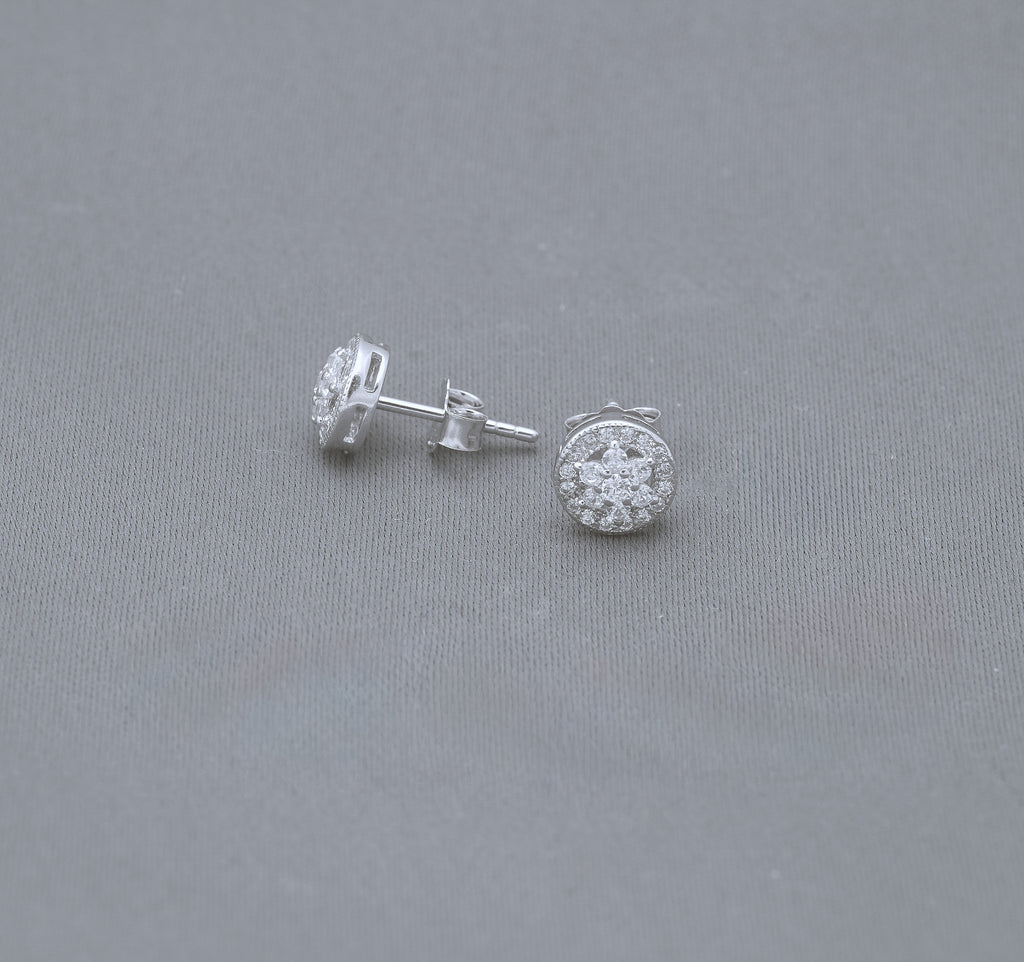 Round Halo CZ Stud Earrings in Sterling Silver