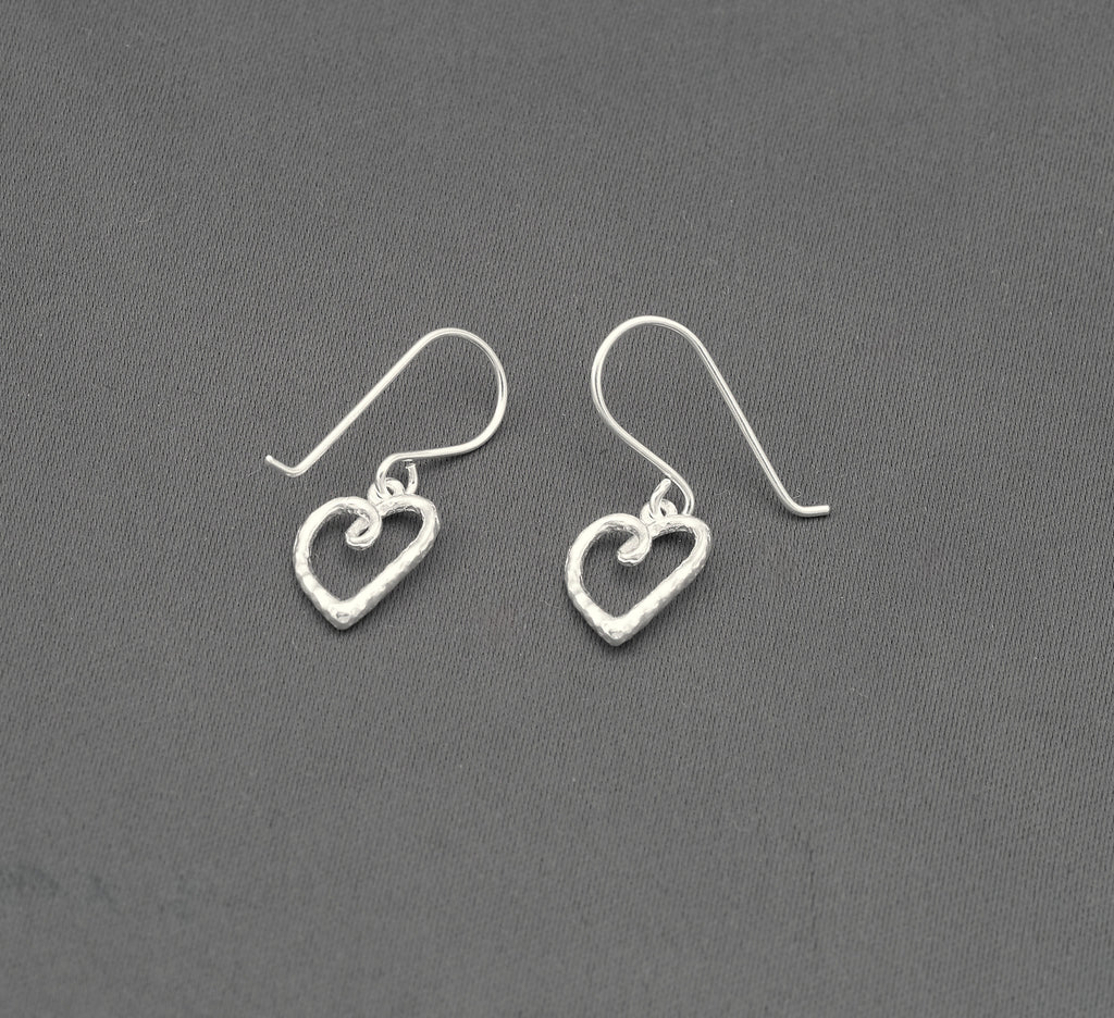 Small Textured Heart Drop Earrings in Sterling Silver