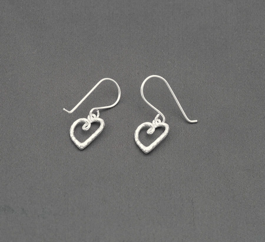 Small Textured Heart Drop Earrings in Sterling Silver